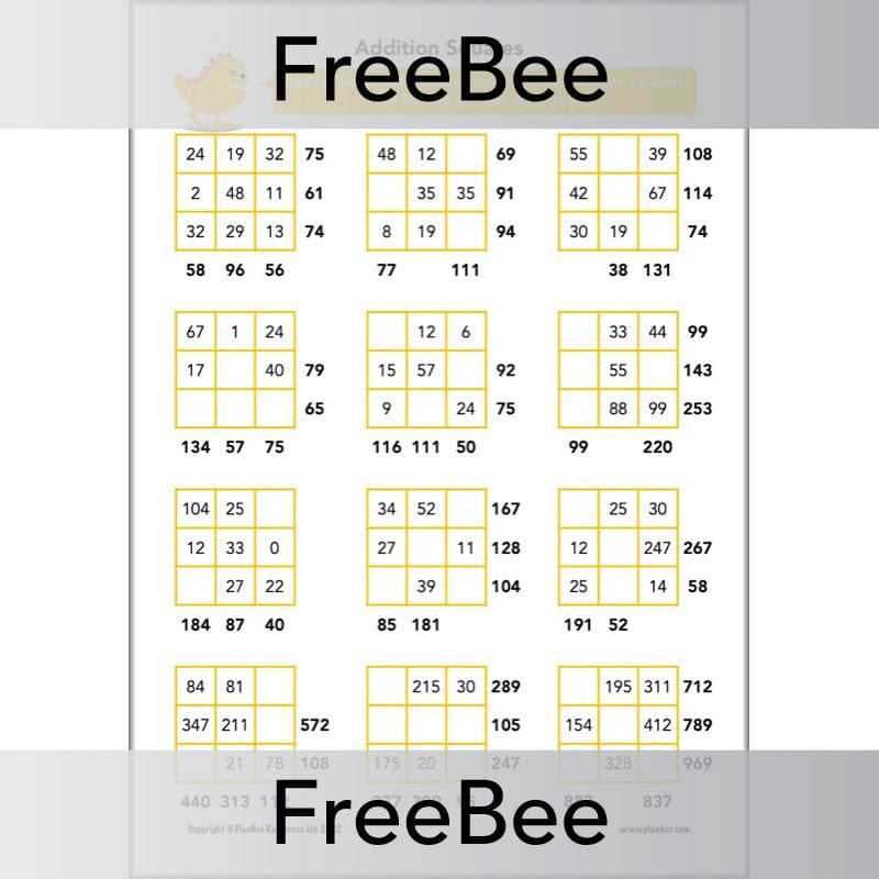 PlanBee FREE Addition Squares by PlanBee
