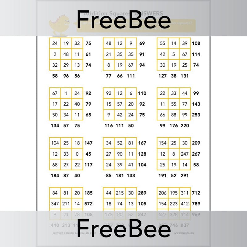 PlanBee FREE Addition Squares by PlanBee