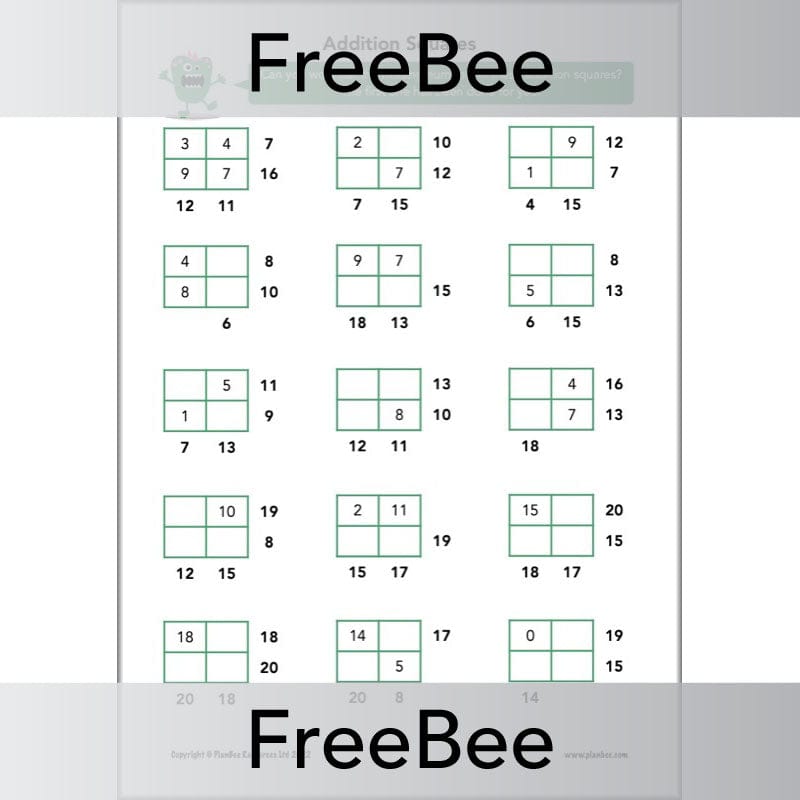 PlanBee FREE Addition Squares by PlanBee