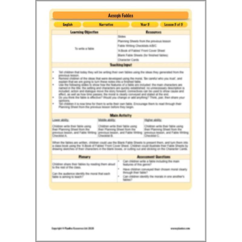 PlanBee Aesop's Fables KS2 English Lesson Pack by PlanBee