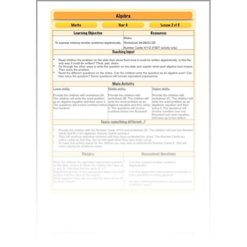 PlanBee Algebra: simple algebra lesson planning for Year 6