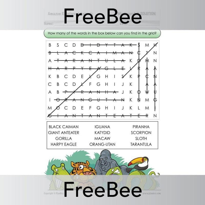 PlanBee Amazon Rainforest Animals Free Word Search | PlanBee FreeBees