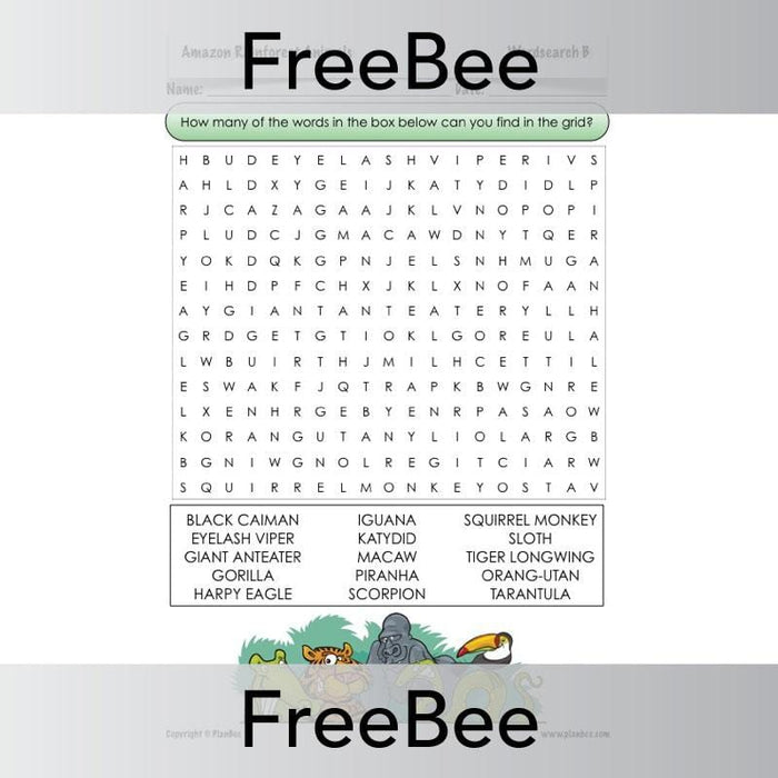 PlanBee Amazon Rainforest Animals Free Word Search | PlanBee FreeBees