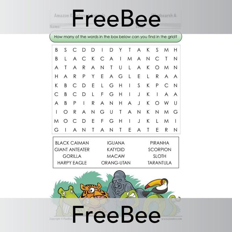 Free Amazon Rainforest Animals Word Search by PlanBee