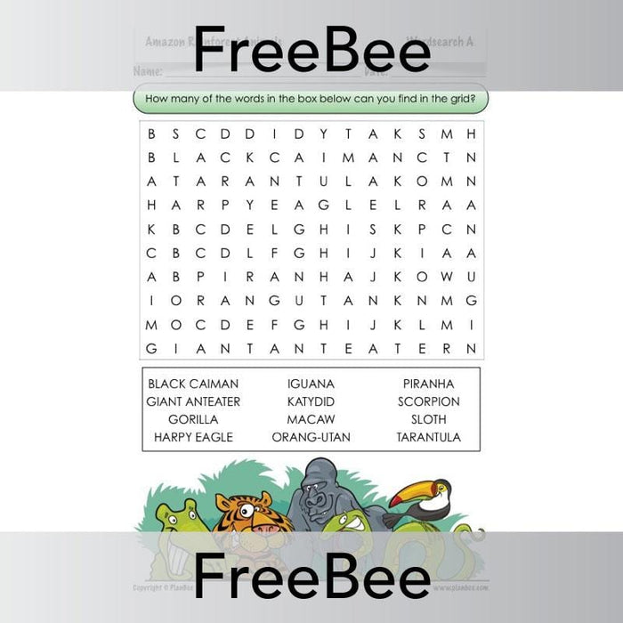 Free Amazon Rainforest Animals Word Search by PlanBee