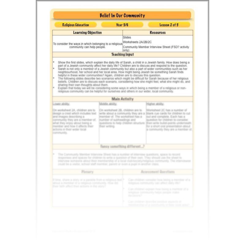 PlanBee Belief In Our Community: Complete set of KS2 RE lessons