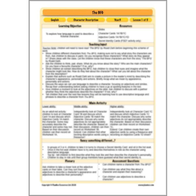 PlanBee The BFG Character Description | Planning and Resources | Year 3