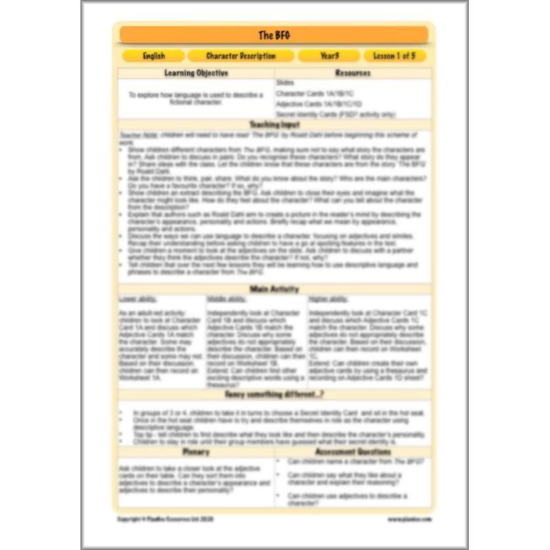 PlanBee The BFG Character Description KS2 Year 3 Planning by PlanBee