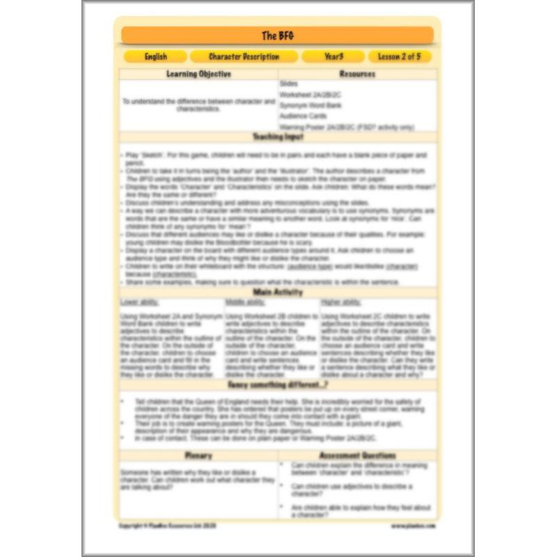 PlanBee The BFG Character Description KS2 Year 3 Planning by PlanBee