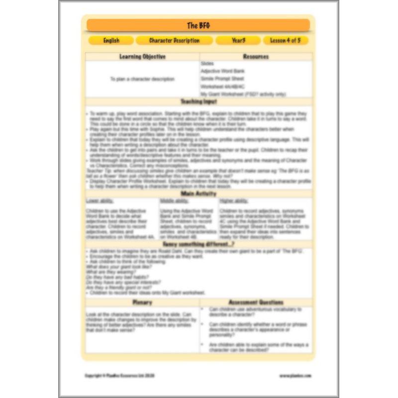 PlanBee The BFG Character Description KS2 Year 3 Planning by PlanBee