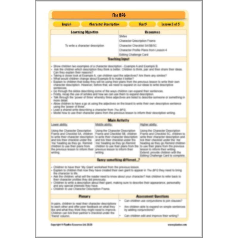 PlanBee The BFG Character Description | Planning and Resources | Year 3