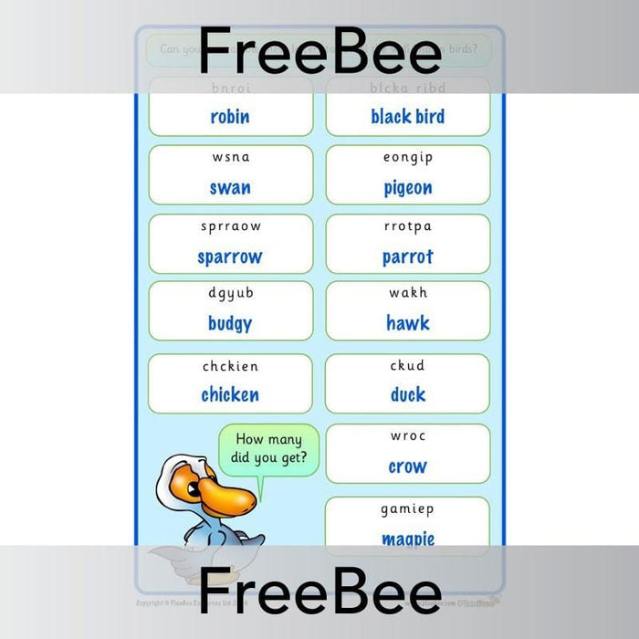 PlanBee Free Bird Anagrams | PlanBee FreeBees