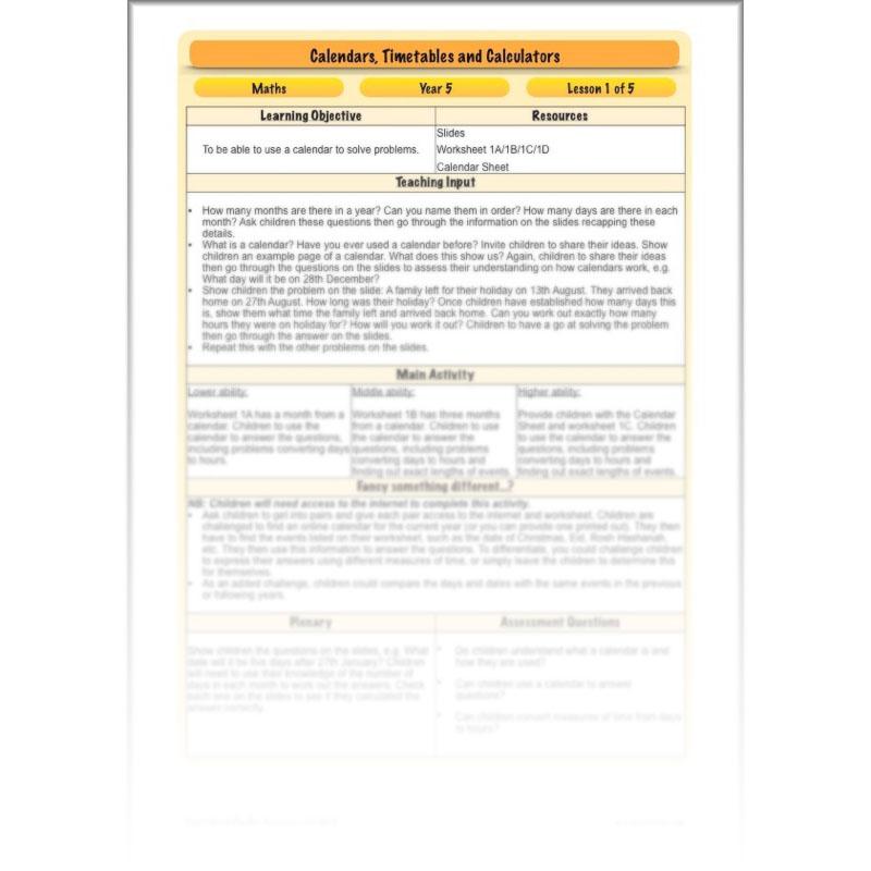 PlanBee Year 5 Time Lessons: Calendars and Timetables KS2