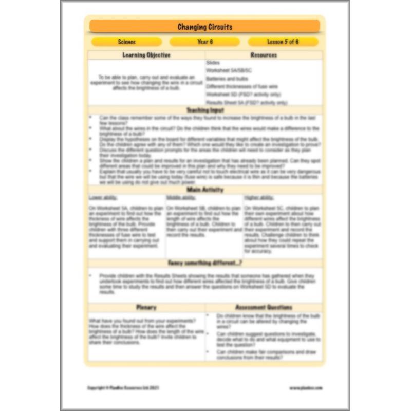 PlanBee Changing Circuits - Electricity Year 6 Lesson Planning