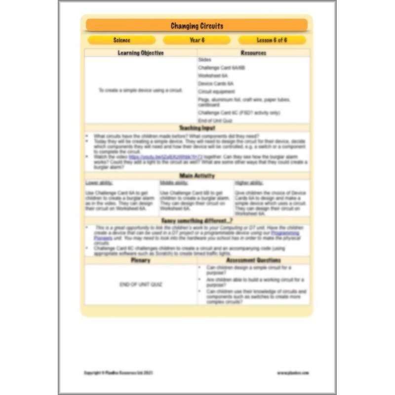 PlanBee Changing Circuits - Electricity Year 6 Lesson Planning