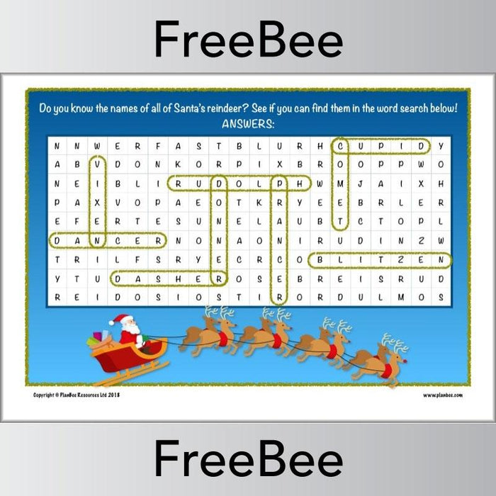 Christmas Reindeer Word Search by PlanBee
