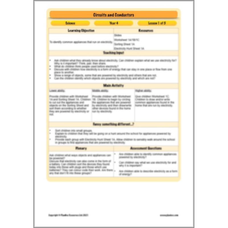 PlanBee Electricity Year 4 Science lessons: Circuits and Conductors