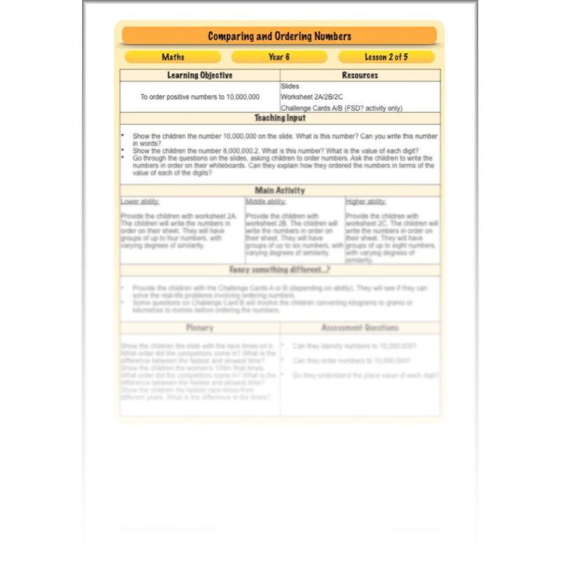 PlanBee Comparing & Ordering Numbers - Year 6 Maths Planning