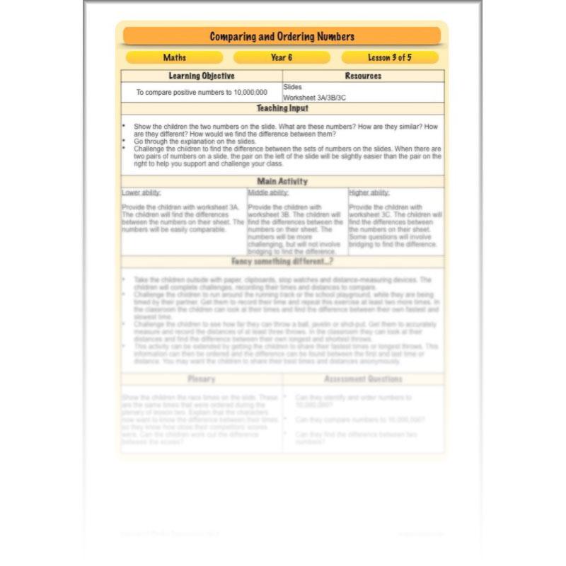 PlanBee Comparing & Ordering Numbers - Year 6 Maths Planning