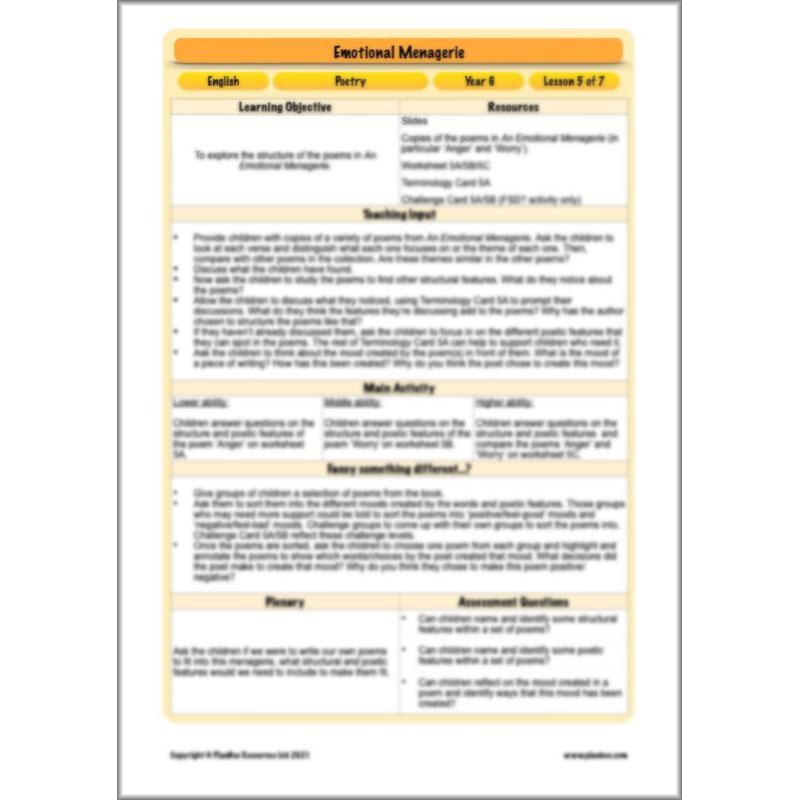 Year 6 Poetry Lessons | An Emotional Menagerie by PlanBee