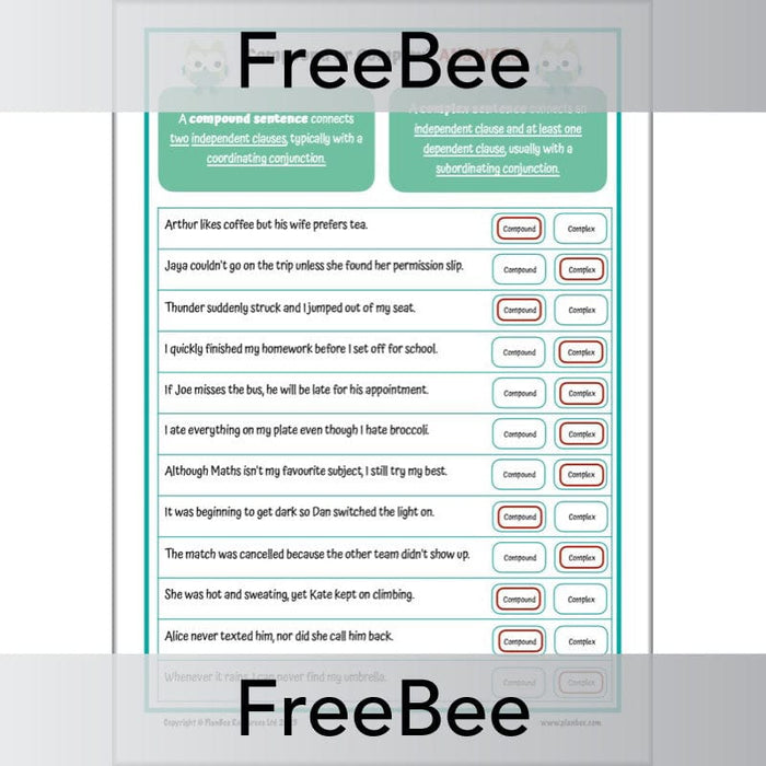 PlanBee FREE Compound and Complex Sentences Worksheet | PlanBee