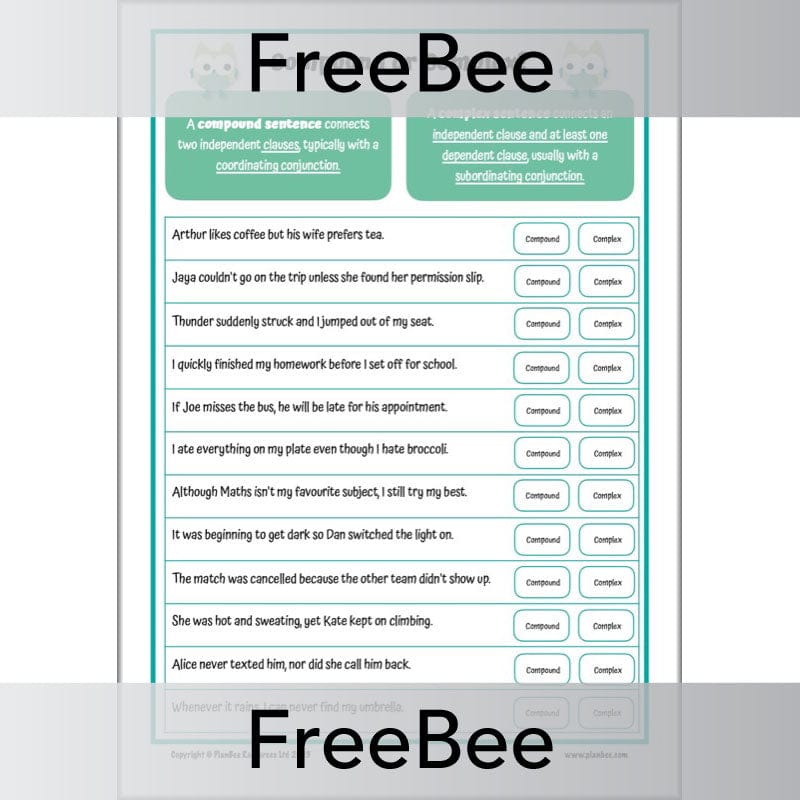 PlanBee FREE Compound and Complex Sentences Worksheet | PlanBee