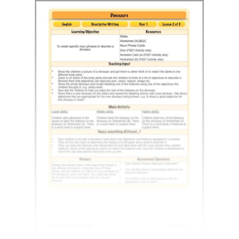 PlanBee Describing Dinosaurs Year 1 - Dinosaur Writing Activities KS1