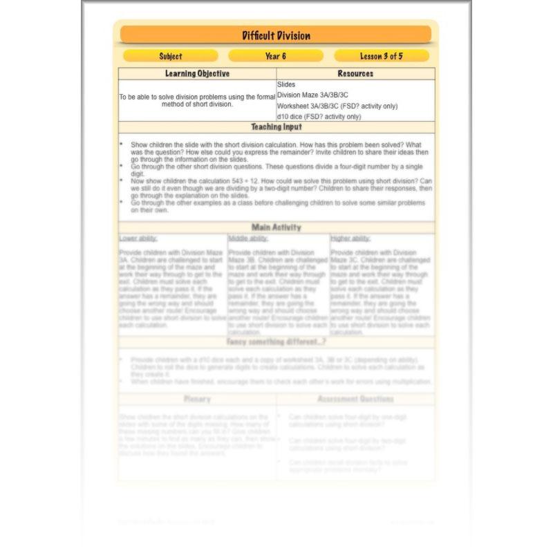 PlanBee Difficult Division Year 6 Maths Lessons and Worksheets