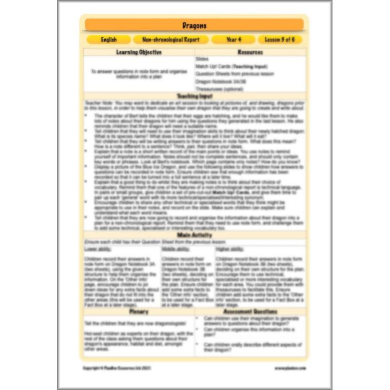 PlanBee Dragons KS2 | Non-chronological Reports Planning | Year 4