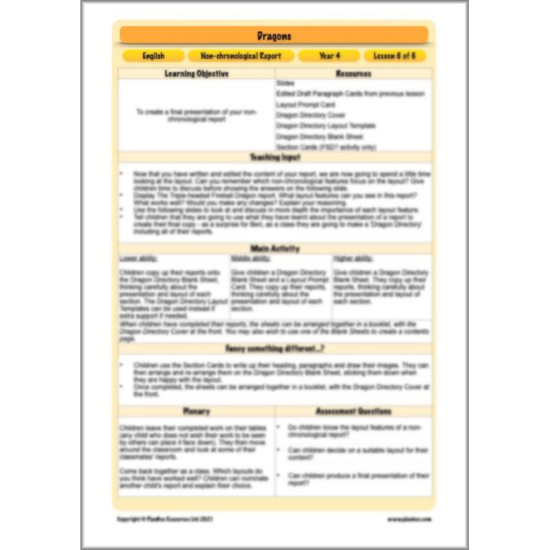 PlanBee Dragons KS2 | Non-chronological Reports Planning | Year 4