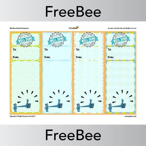 PlanBee Editable 'Well Done' Bookmarks | PlanBee FreeBees