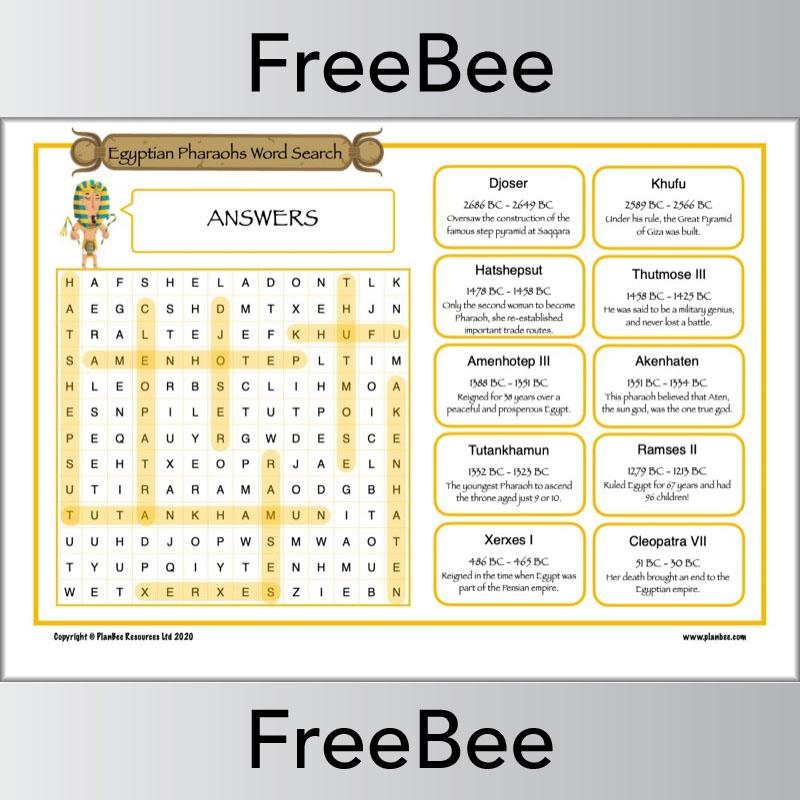 FREE Ancient Egyptian Pharaohs KS2 Word Search Answers by PlanBee