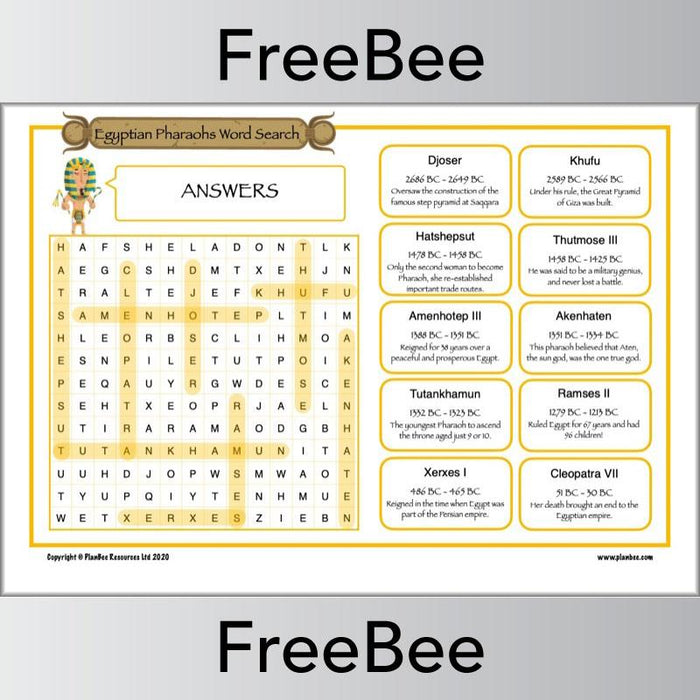 FREE Ancient Egyptian Pharaohs KS2 Word Search Answers by PlanBee