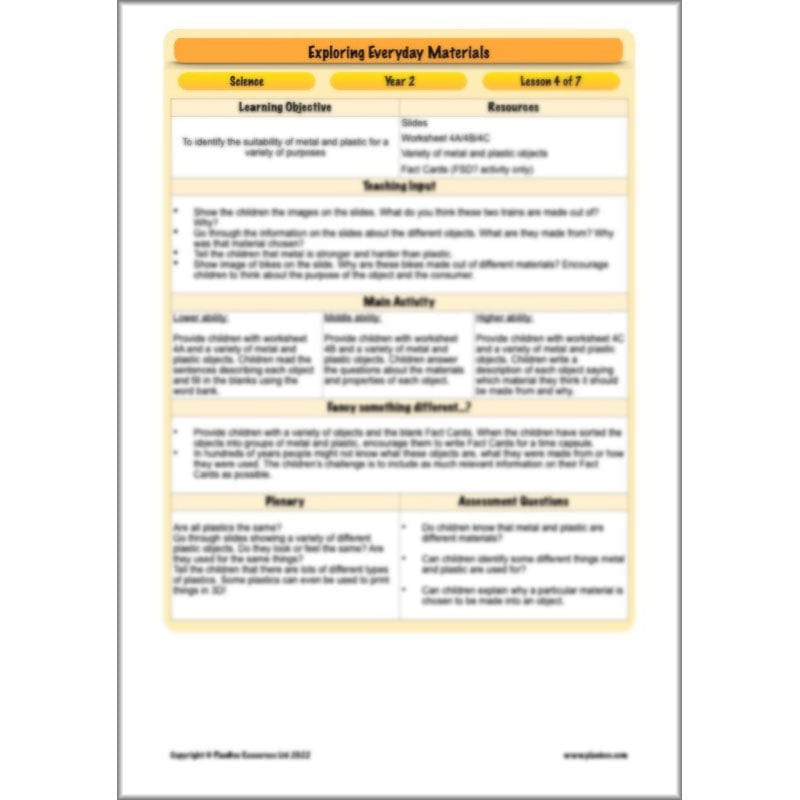 PlanBee Exploring Everyday Materials Year 2 Science Lesson Plans