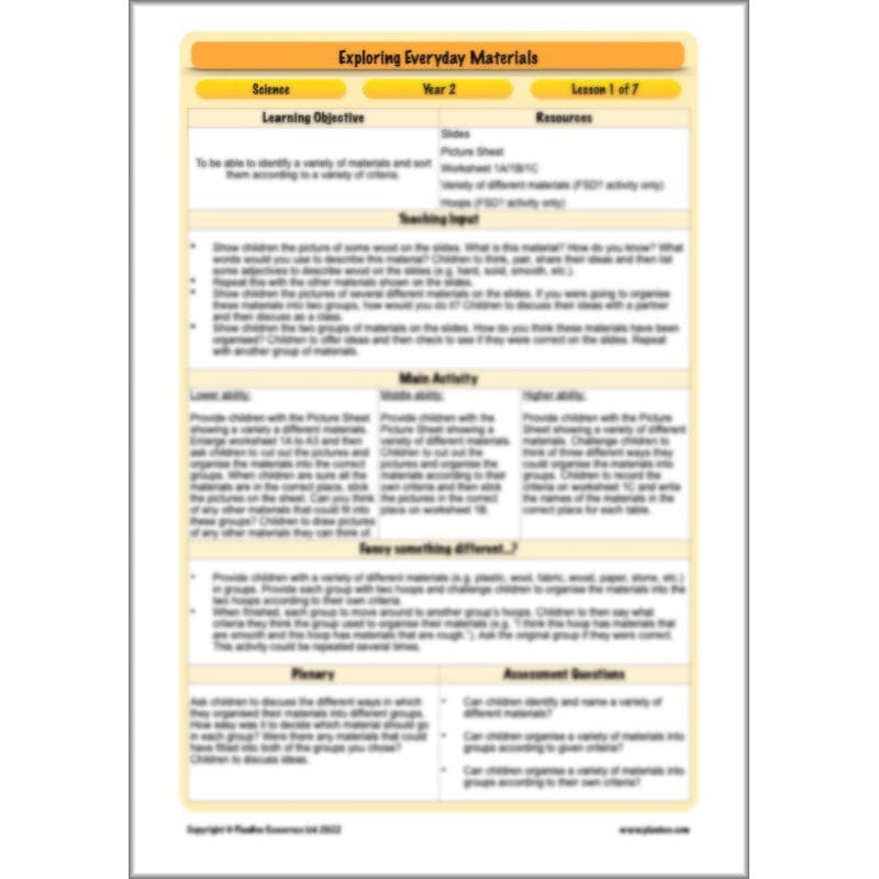 PlanBee Exploring Everyday Materials Year 2 Science Lesson Plans