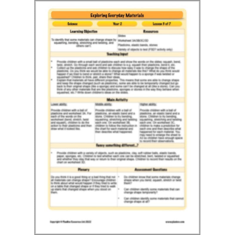 PlanBee Exploring Everyday Materials Year 2 Science Lesson Plans