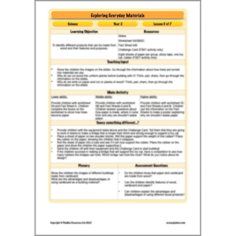 PlanBee Exploring Everyday Materials Year 2 Science Lesson Plans