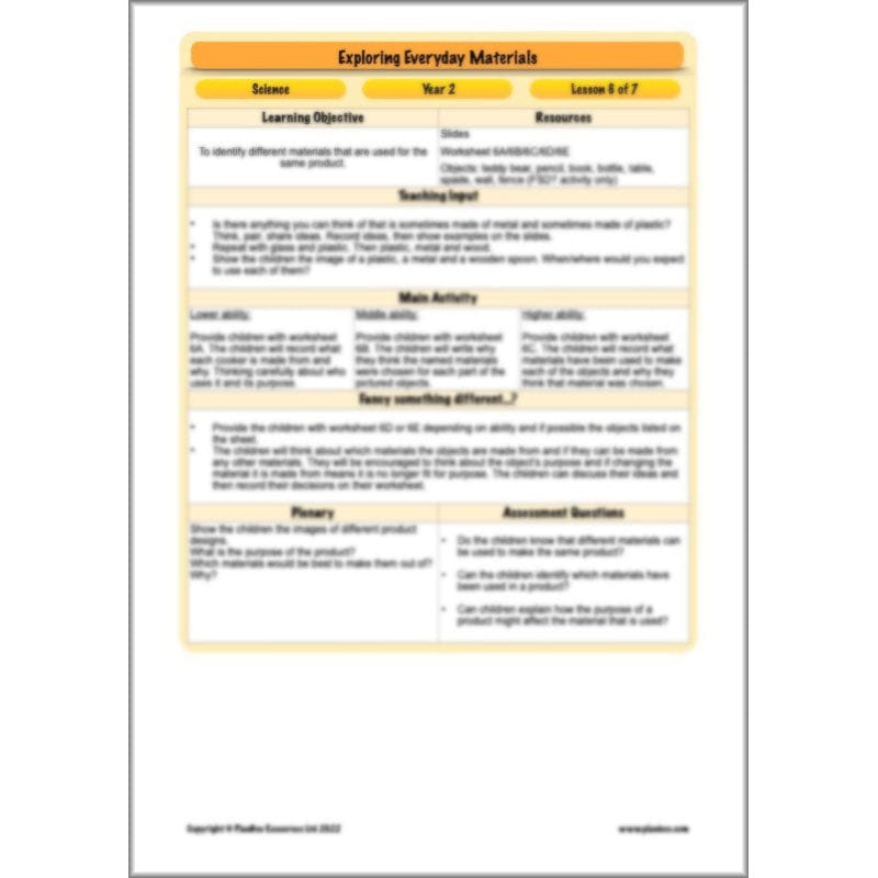 PlanBee Exploring Everyday Materials Year 2 Science Lesson Plans