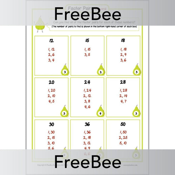 Factor Pairs Worksheet.pdf FREE Factor Pairs Worksheet | PlanBee