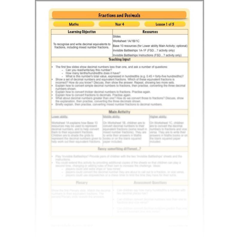 PlanBee Fractions and Decimals: Primary Year 4 Maths Lesson Plans | KS2