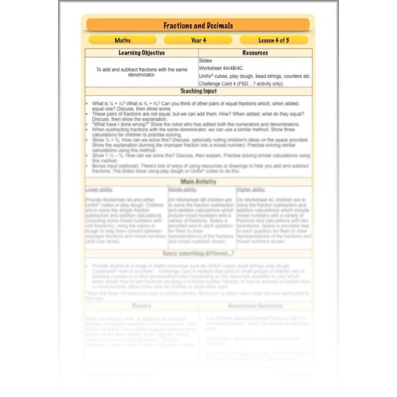 PlanBee Fractions and Decimals: Primary Year 4 Maths Lesson Plans | KS2