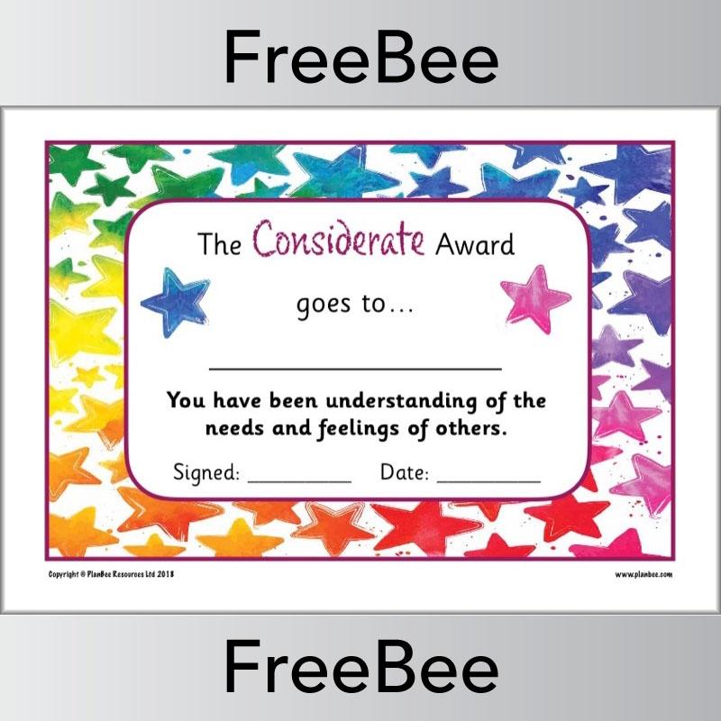 Free Considerate Character Trait Certificates by PlanBee
