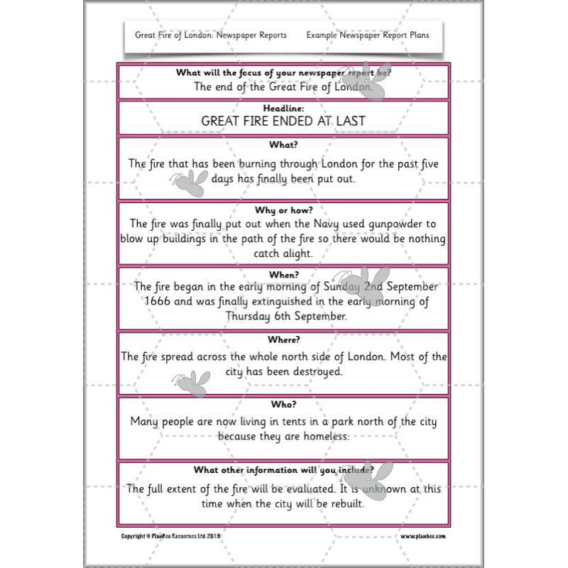 PlanBee Great Fire of London Newspaper Reports KS1 English Plans