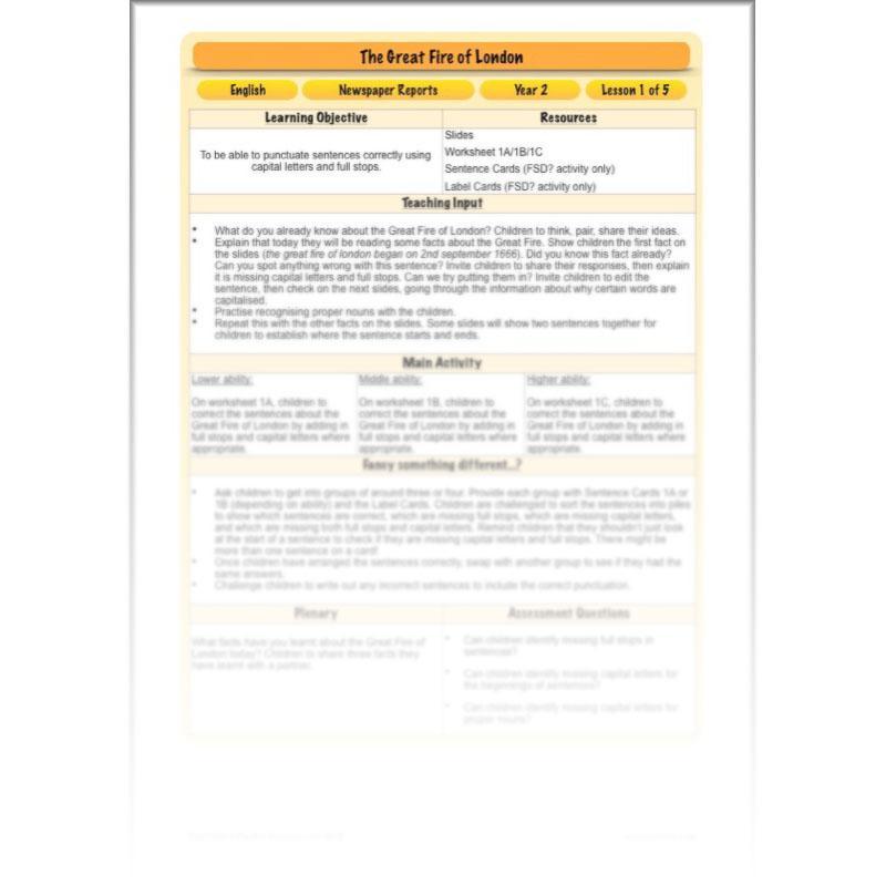 PlanBee Great Fire of London Newspaper Reports KS1 English Plans