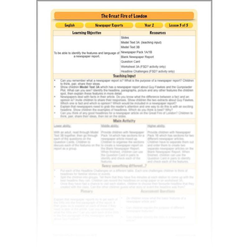 PlanBee Great Fire of London Newspaper Reports KS1 English Plans