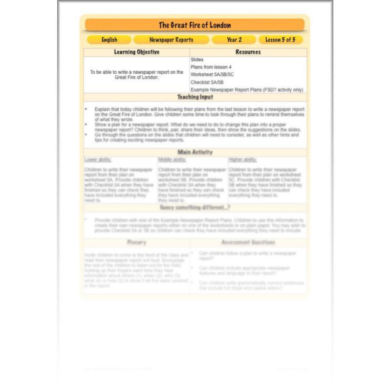 PlanBee Great Fire of London Newspaper Reports KS1 English Plans