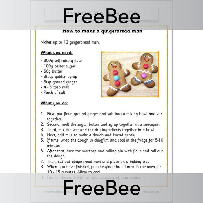 PlanBee Free Printable Gingerbread Man Recipe for Kids by PlanBee