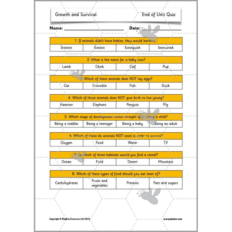 PlanBee Growth and Survival: Animals including Humans Year 2 Science