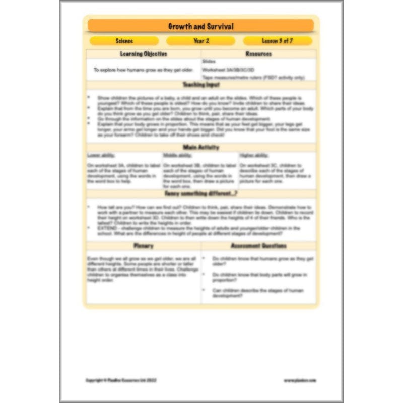 PlanBee Growth and Survival: Animals including Humans Year 2 Science