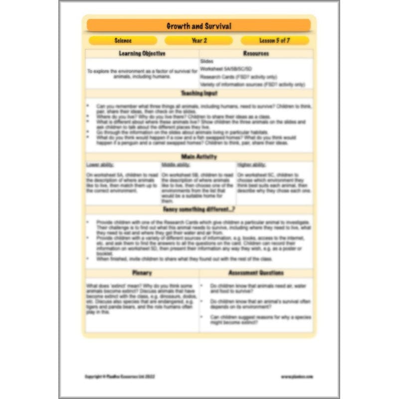 PlanBee Growth and Survival: Animals including Humans Year 2 Science